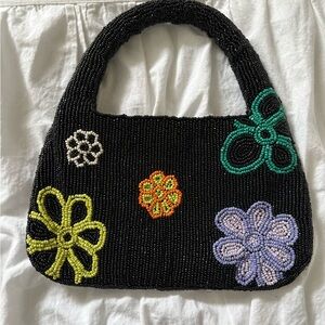 Parfois Black Beaded Floral Mini Shoulder Bag Y2K Style